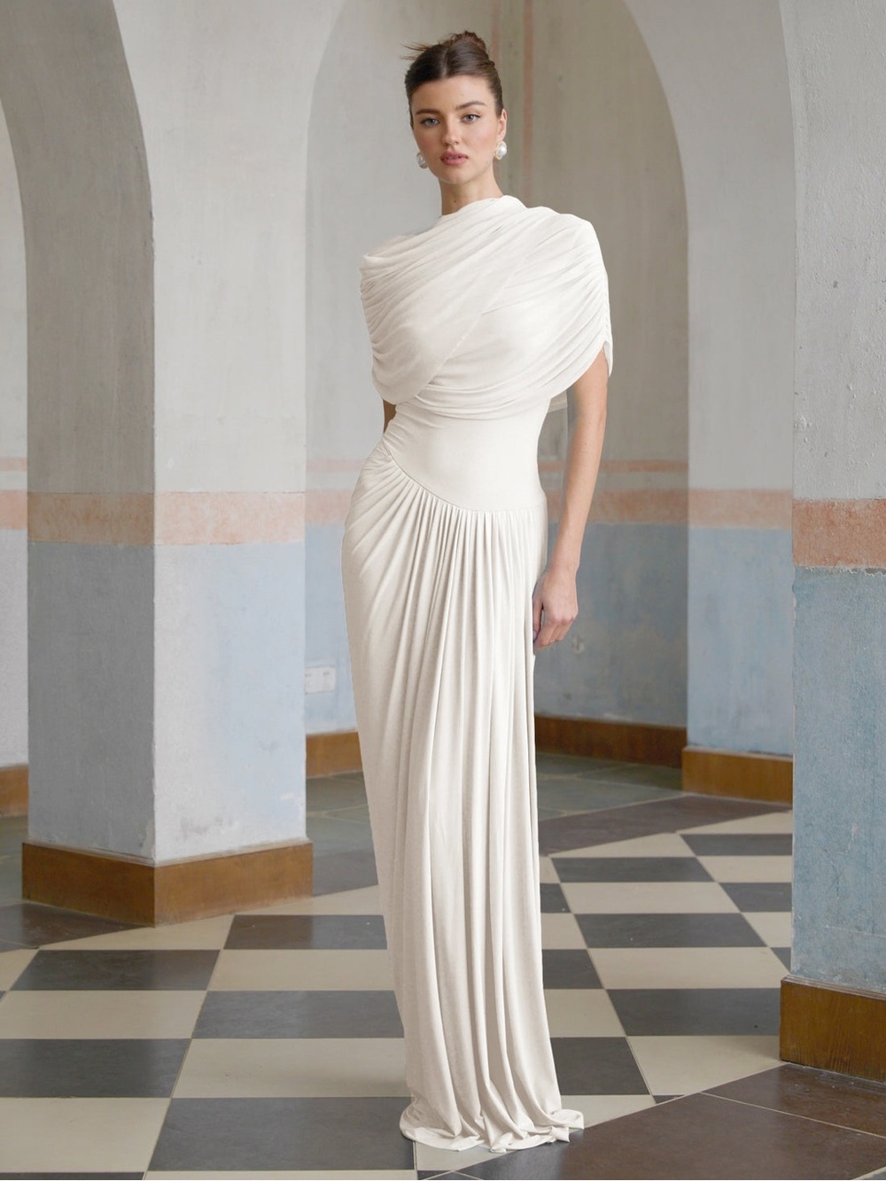 NEW! Miss Rosier Catherine White Asymmetrical Pleated Maxi Dress Size Medium